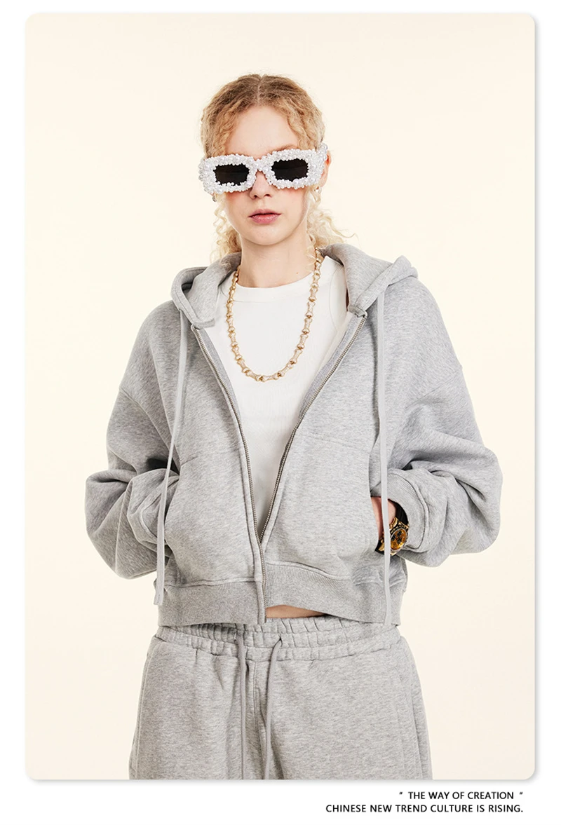 ZODF 2024 Winter Women Zipper Crop Hoodies Female Girls Solid 345gsm Warm Fleece Short Hooded Zip-Up Coat HY0911