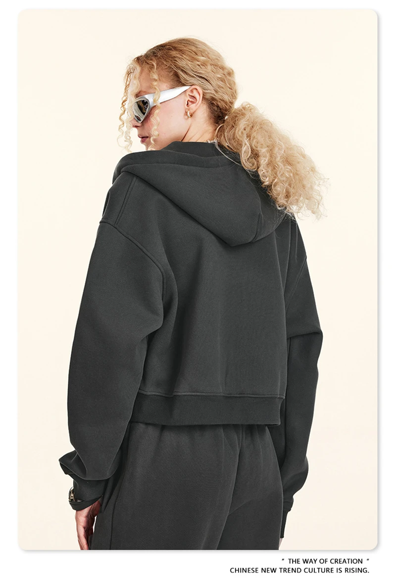 ZODF 2024 Winter Women Zipper Crop Hoodies Female Girls Solid 345gsm Warm Fleece Short Hooded Zip-Up Coat HY0911