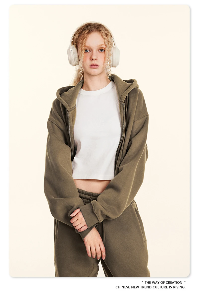 ZODF 2024 Winter Women Zipper Crop Hoodies Female Girls Solid 345gsm Warm Fleece Short Hooded Zip-Up Coat HY0911