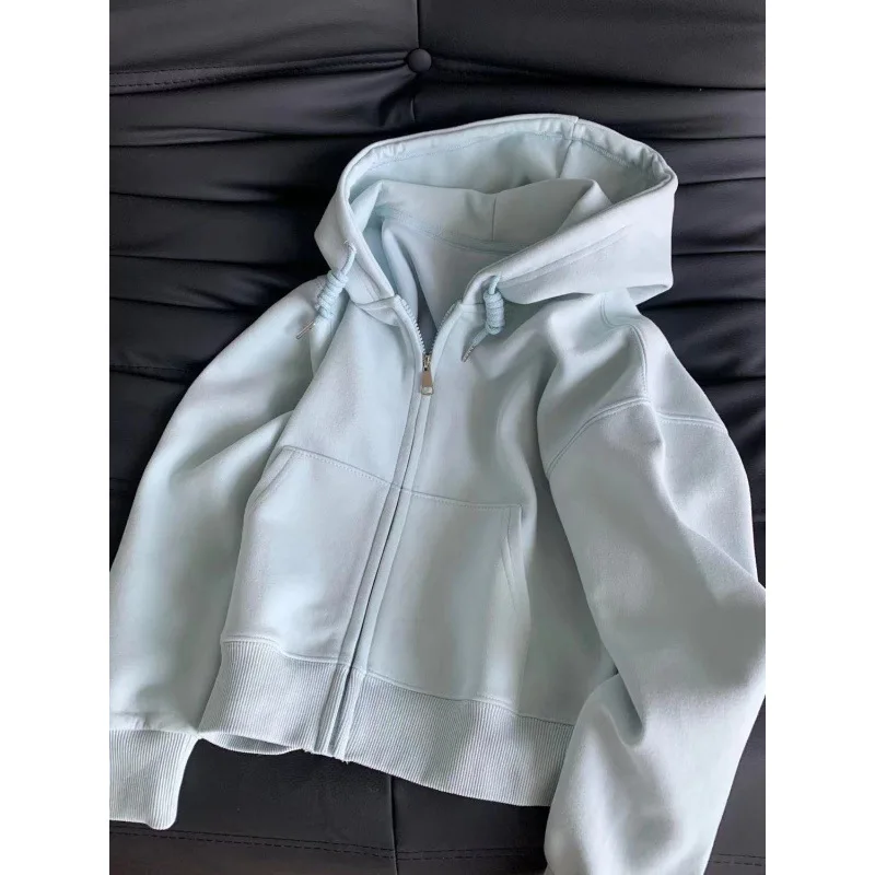 Short Hooded Zip Up Sweatshirt Jacket Women Korean Style Loose Long-sleeved Harajuku Casual Open Front Tops Hoodie Female