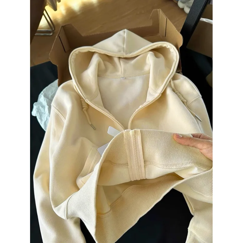 Short Hooded Zip Up Sweatshirt Jacket Women Korean Style Loose Long-sleeved Harajuku Casual Open Front Tops Hoodie Female