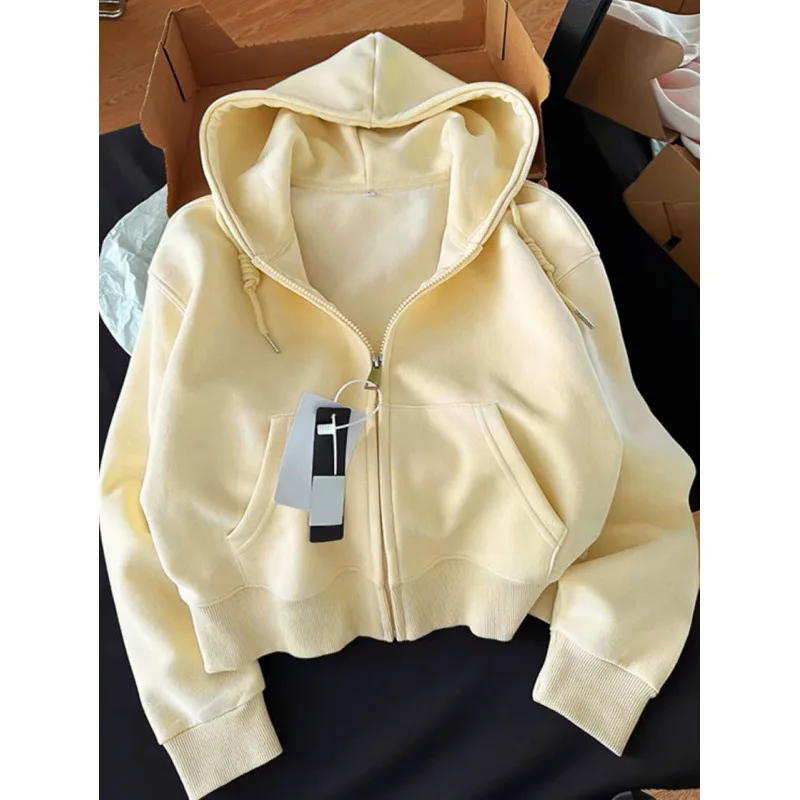 Short Hooded Zip Up Sweatshirt Jacket Women Korean Style Loose Long-sleeved Harajuku Casual Open Front Tops Hoodie Female