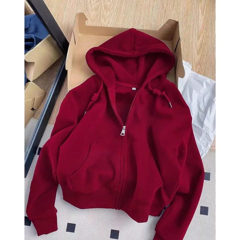 Short Hooded Zip Up Sweatshirt Jacket Women Korean Style Loose Long-sleeved Harajuku Casual Open Front Tops Hoodie Female
