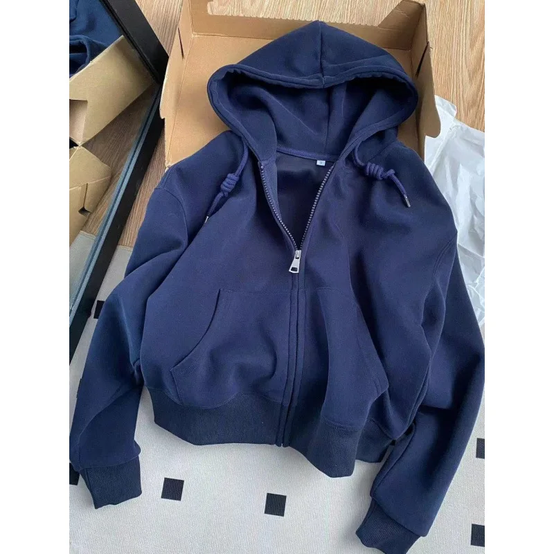 Short Hooded Zip Up Sweatshirt Jacket Women Korean Style Loose Long-sleeved Harajuku Casual Open Front Tops Hoodie Female
