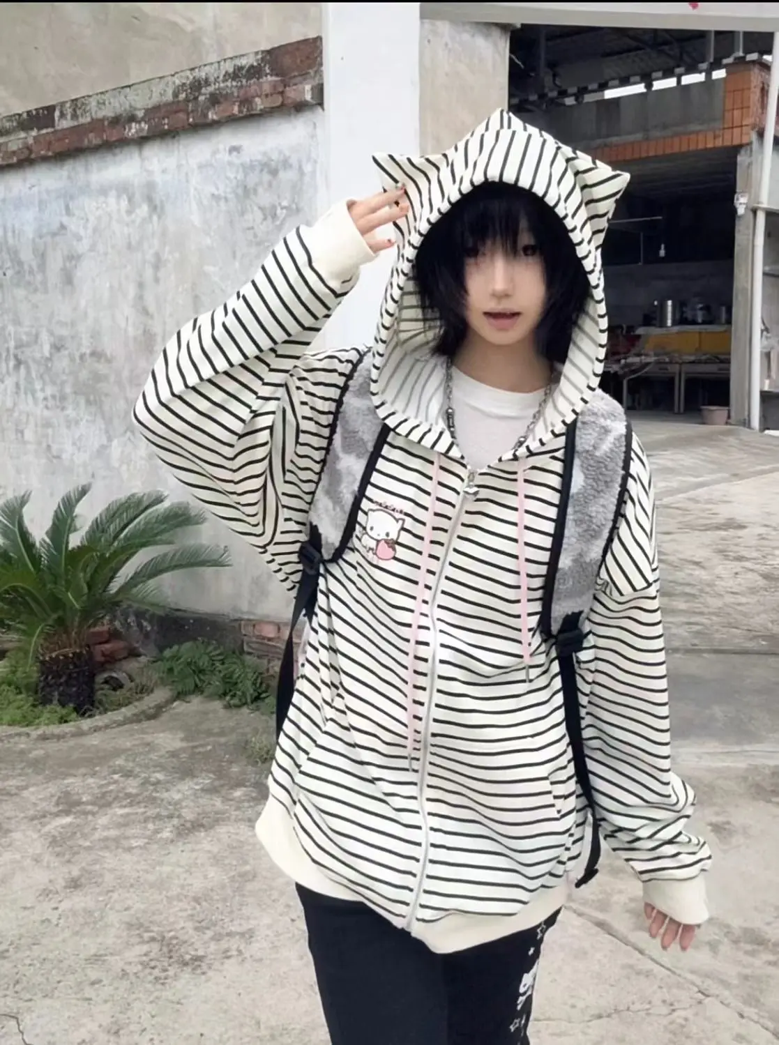 Cat Ear Hood Sweatshirts Coats Women Clothes Long Sleeve Striped Hoodies Y2k Tops 2025 Ropa Mujer Casual Fashion Japanese Hoodie