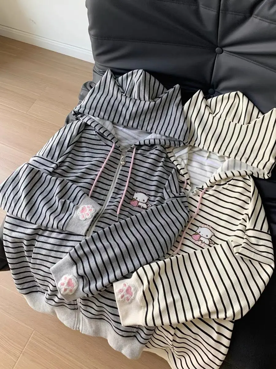 Cat Ear Hood Sweatshirts Coats Women Clothes Long Sleeve Striped Hoodies Y2k Tops 2025 Ropa Mujer Casual Fashion Japanese Hoodie