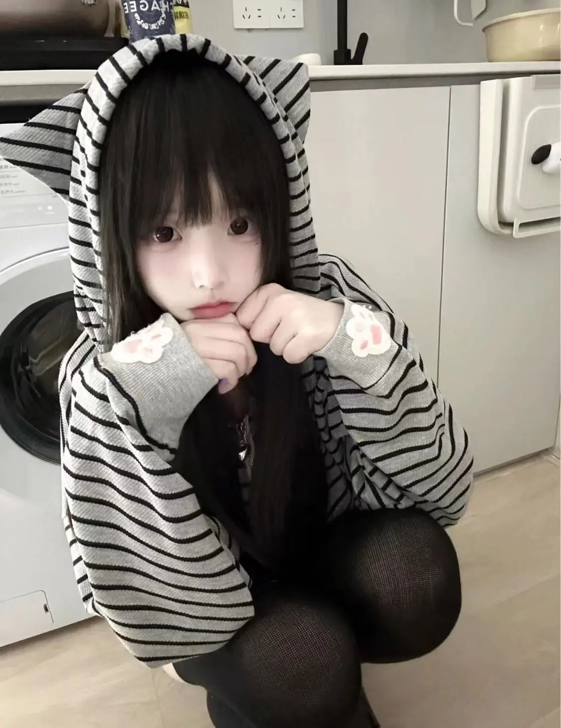 Cat Ear Hood Sweatshirts Coats Women Clothes Long Sleeve Striped Hoodies Y2k Tops 2025 Ropa Mujer Casual Fashion Japanese Hoodie