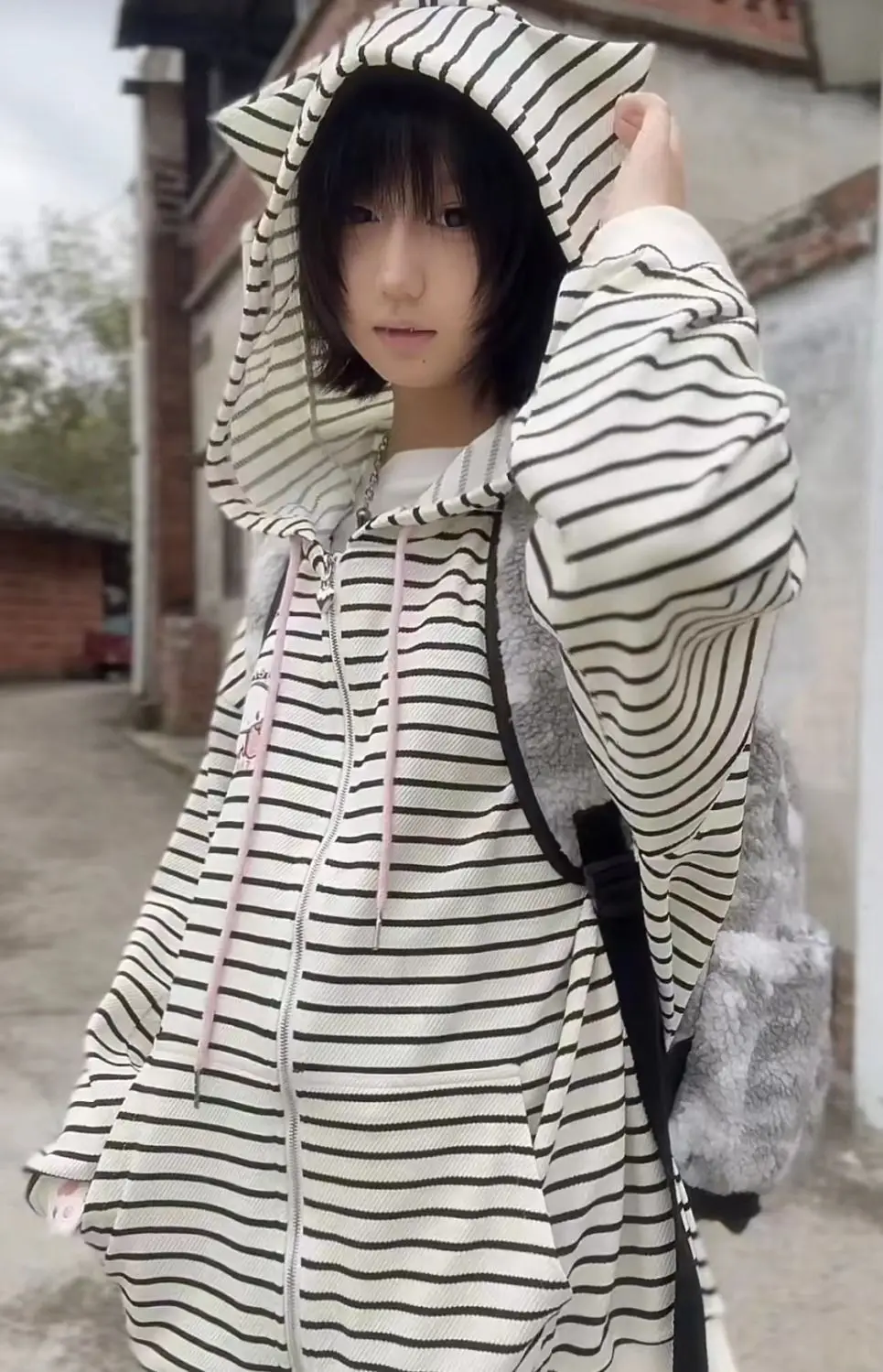 Cat Ear Hood Sweatshirts Coats Women Clothes Long Sleeve Striped Hoodies Y2k Tops 2025 Ropa Mujer Casual Fashion Japanese Hoodie