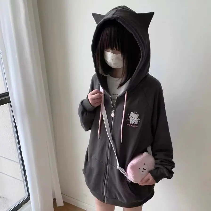 Cat Ear Hood Sweatshirts Coats Women Clothes Long Sleeve Striped Hoodies Y2k Tops 2025 Ropa Mujer Casual Fashion Japanese Hoodie