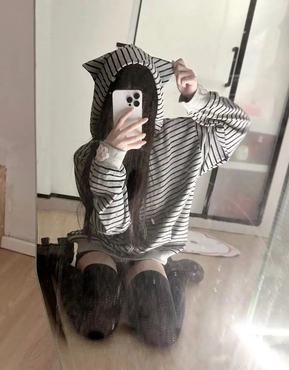 Cat Ear Hood Sweatshirts Coats Women Clothes Long Sleeve Striped Hoodies Y2k Tops 2025 Ropa Mujer Casual Fashion Japanese Hoodie