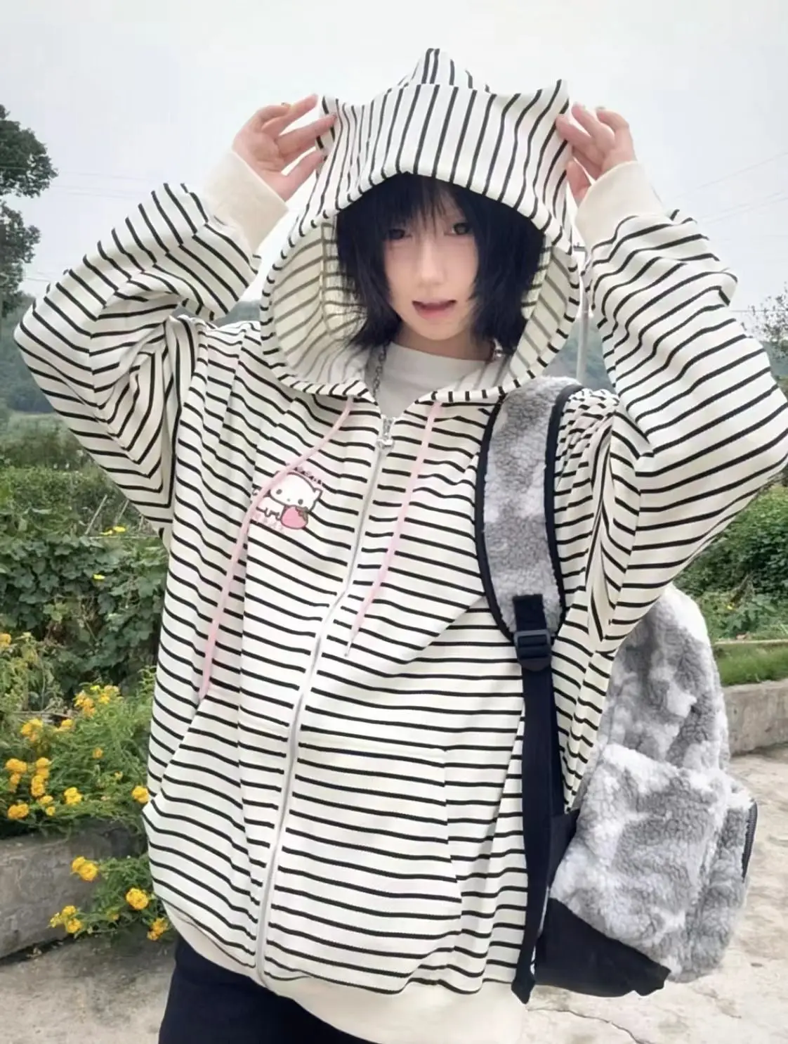Cat Ear Hood Sweatshirts Coats Women Clothes Long Sleeve Striped Hoodies Y2k Tops 2025 Ropa Mujer Casual Fashion Japanese Hoodie