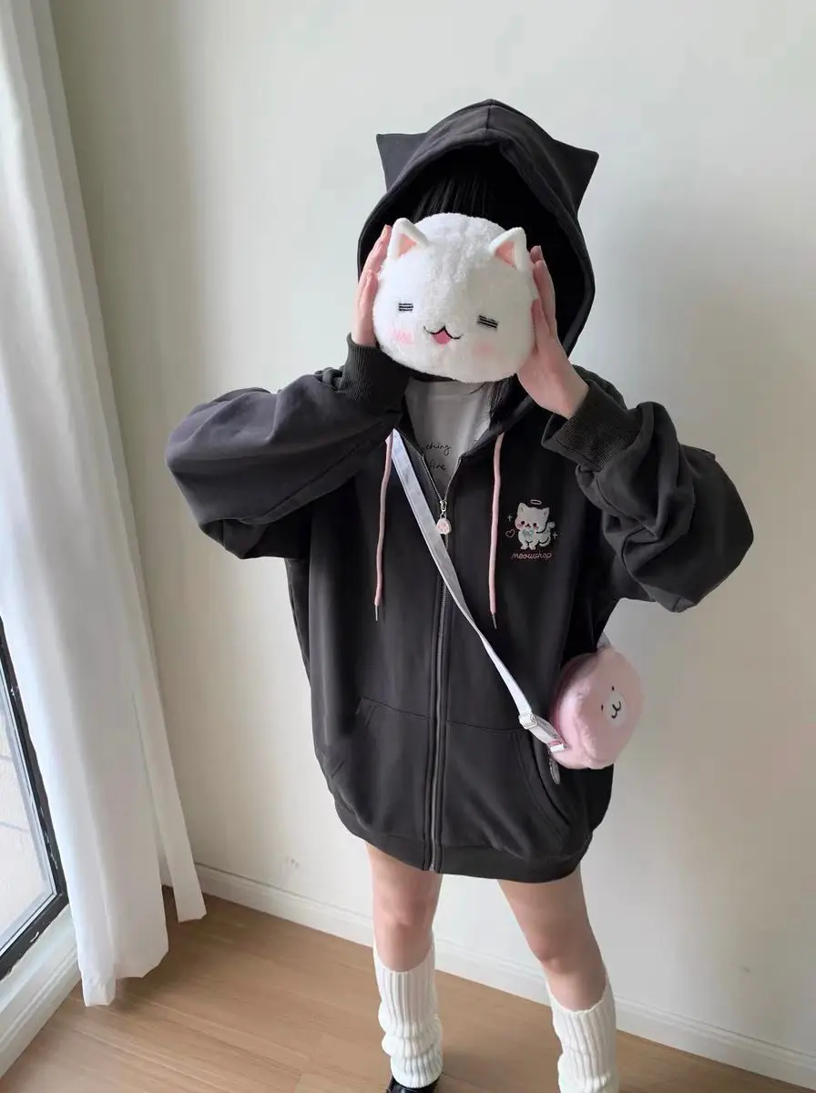 Cat Ear Hood Sweatshirts Coats Women Clothes Long Sleeve Striped Hoodies Y2k Tops 2025 Ropa Mujer Casual Fashion Japanese Hoodie