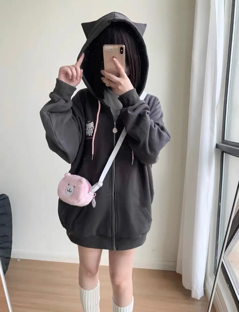 Cat Ear Hood Sweatshirts Coats Women Clothes Long Sleeve Striped Hoodies Y2k Tops 2025 Ropa Mujer Casual Fashion Japanese Hoodie