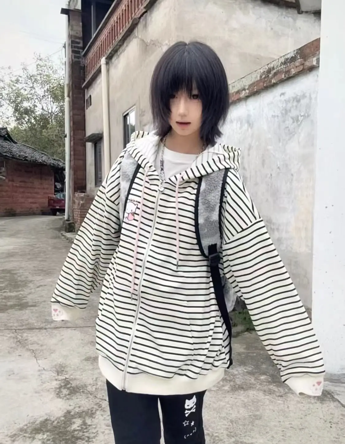 Cat Ear Hood Sweatshirts Coats Women Clothes Long Sleeve Striped Hoodies Y2k Tops 2025 Ropa Mujer Casual Fashion Japanese Hoodie