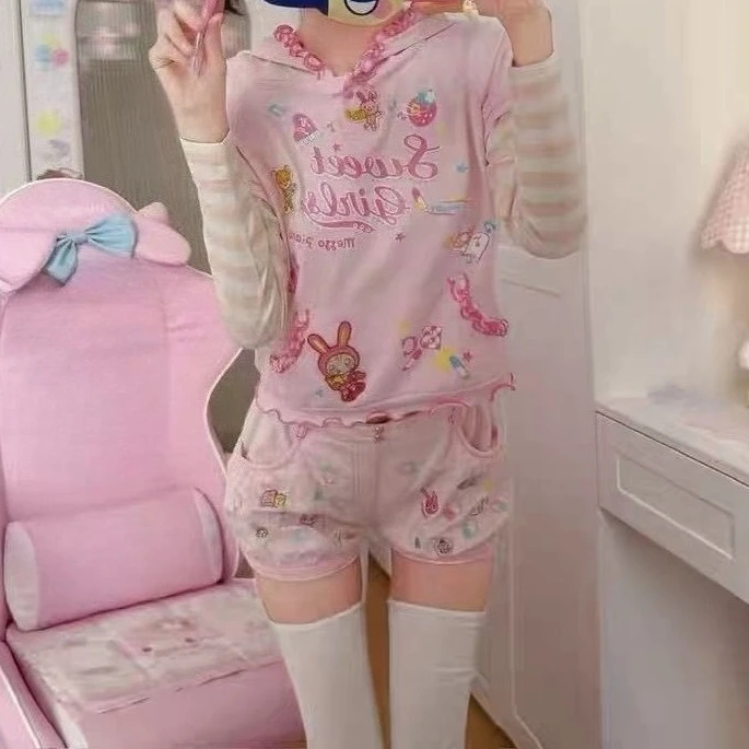 Japanese Kawaii Fungus Edge Fashion Hoodies Y2k Aesthetic Sweet Spliced Striped Long Sleeve Fake Two Piece Punk Print Clothes