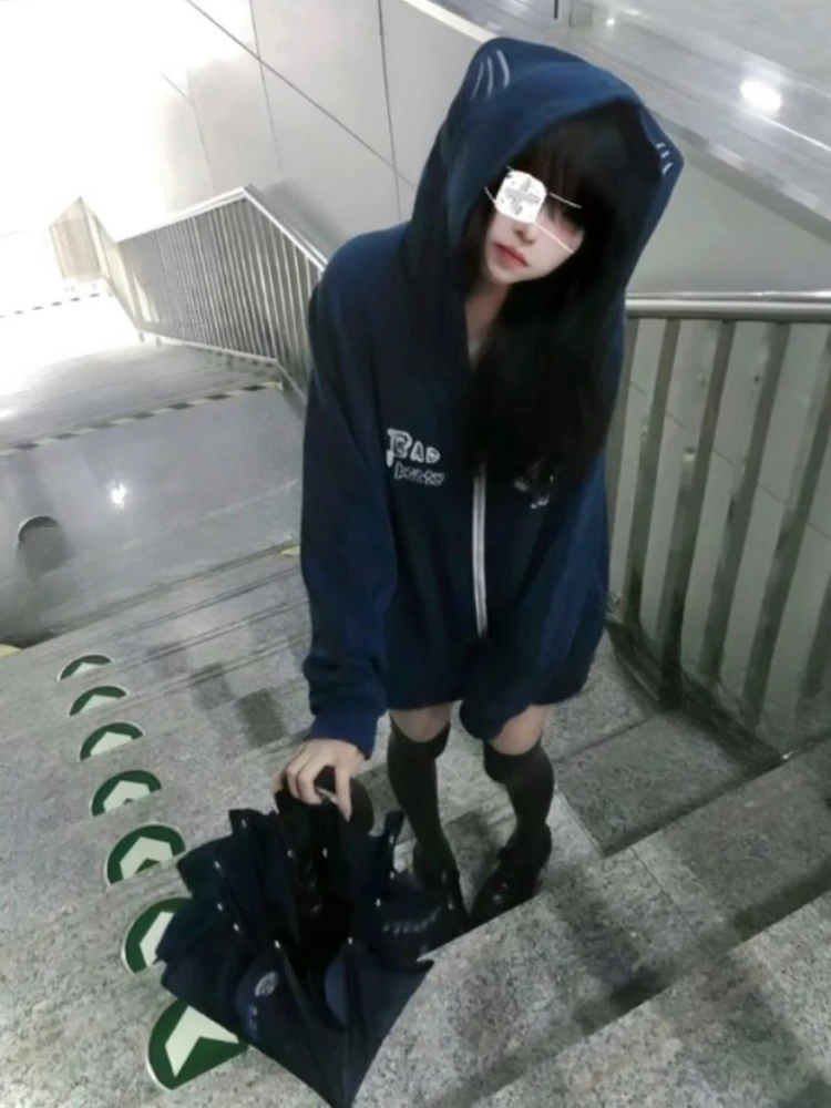 Japanese Casual Cartoon Print Hooded Hoodies Grunge Zipper Navy Blue Sweatshirts Y2k Aesthetic Loose Vintage Coats Sudaderas