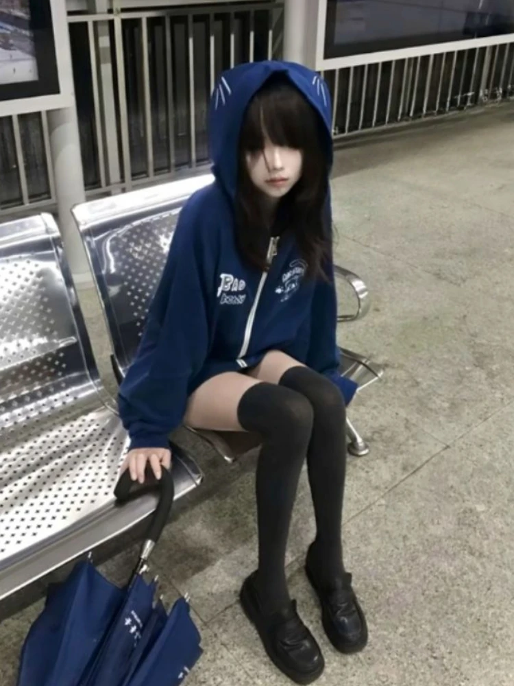 Japanese Casual Cartoon Print Hooded Hoodies Grunge Zipper Navy Blue Sweatshirts Y2k Aesthetic Loose Vintage Coats Sudaderas