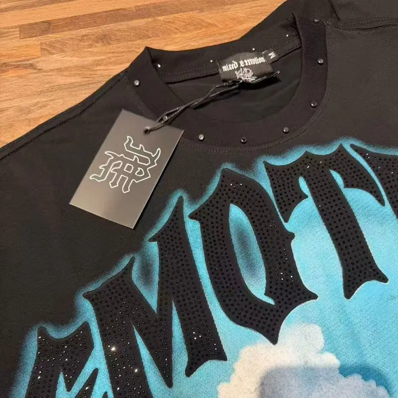 2026 MIXED EMOTION Rhinestone Shirt Streetwear Cotton Loose Round Neck Top Tees Oversized Tee Top Trendy