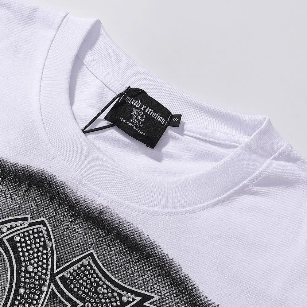 2026 MIXED EMOTION Rhinestone Shirt Streetwear Cotton Loose Round Neck Top Tees Oversized Tee Top Trendy