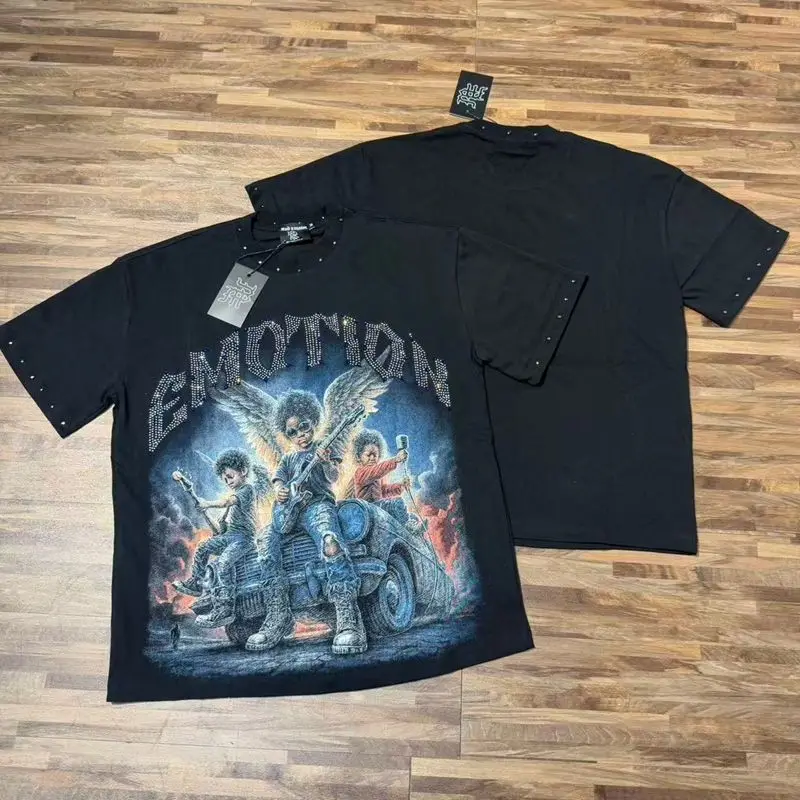 2026 MIXED EMOTION Rhinestone Shirt Streetwear Cotton Loose Round Neck Top Tees Oversized Tee Top Trendy