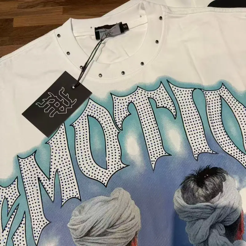 2026 MIXED EMOTION Rhinestone Shirt Streetwear Cotton Loose Round Neck Top Tees Oversized Tee Top Trendy
