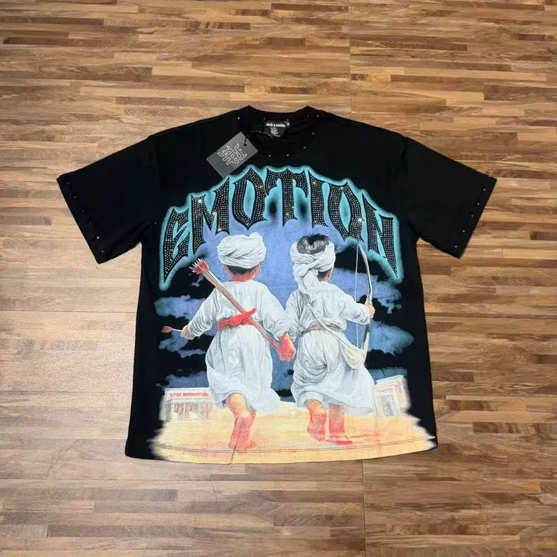 2026 MIXED EMOTION Rhinestone Shirt Streetwear Cotton Loose Round Neck Top Tees Oversized Tee Top Trendy