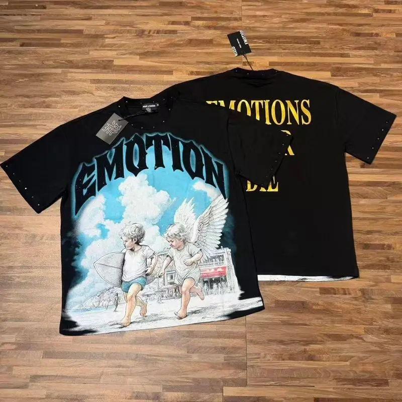 2026 MIXED EMOTION Rhinestone Shirt Streetwear Cotton Loose Round Neck Top Tees Oversized Tee Top Trendy