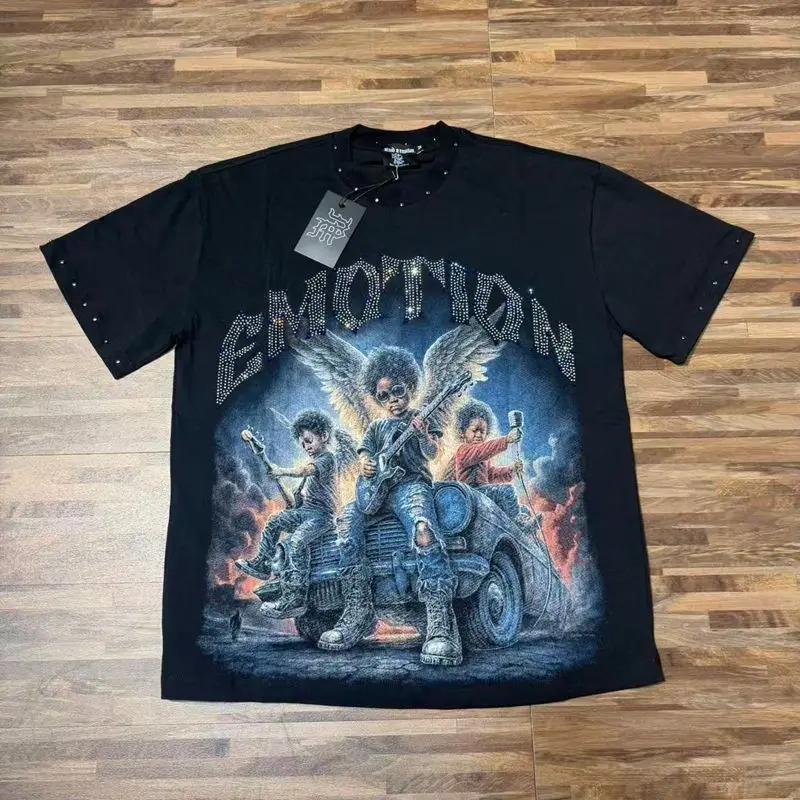 2026 MIXED EMOTION Rhinestone Shirt Streetwear Cotton Loose Round Neck Top Tees Oversized Tee Top Trendy
