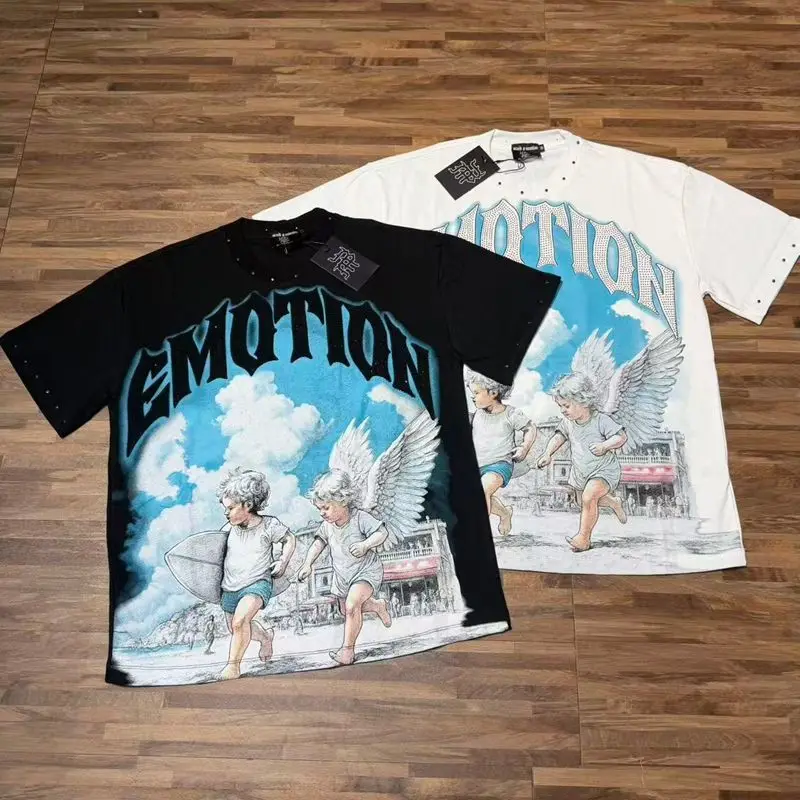 2026 MIXED EMOTION Rhinestone Shirt Streetwear Cotton Loose Round Neck Top Tees Oversized Tee Top Trendy