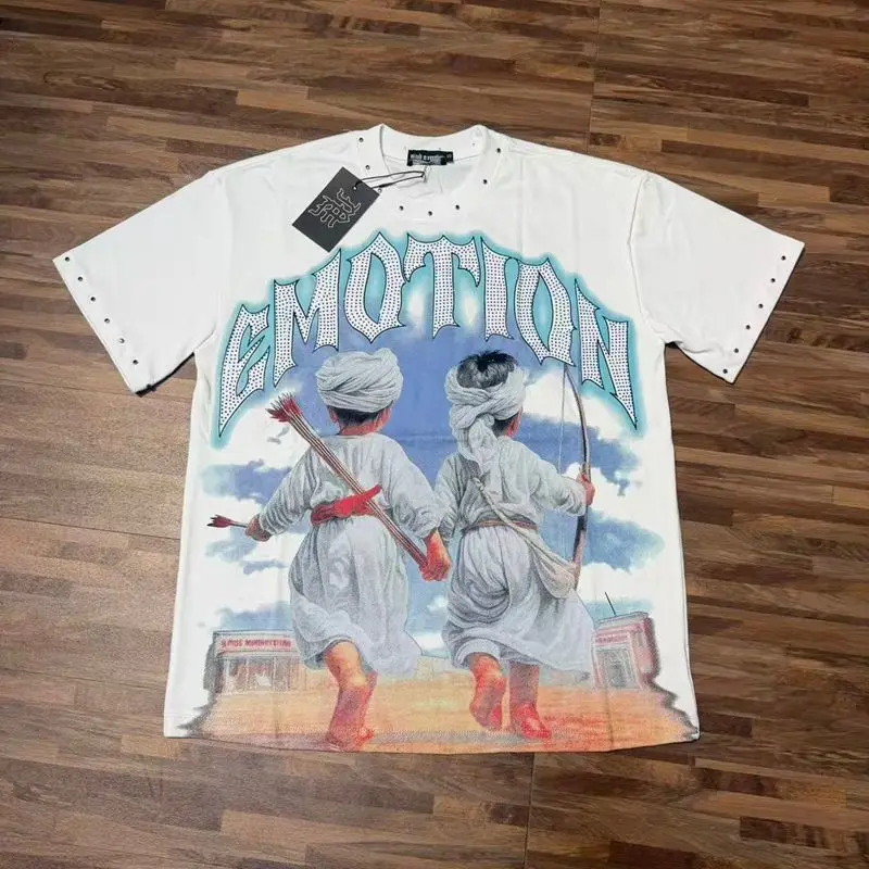 2026 MIXED EMOTION Rhinestone Shirt Streetwear Cotton Loose Round Neck Top Tees Oversized Tee Top Trendy