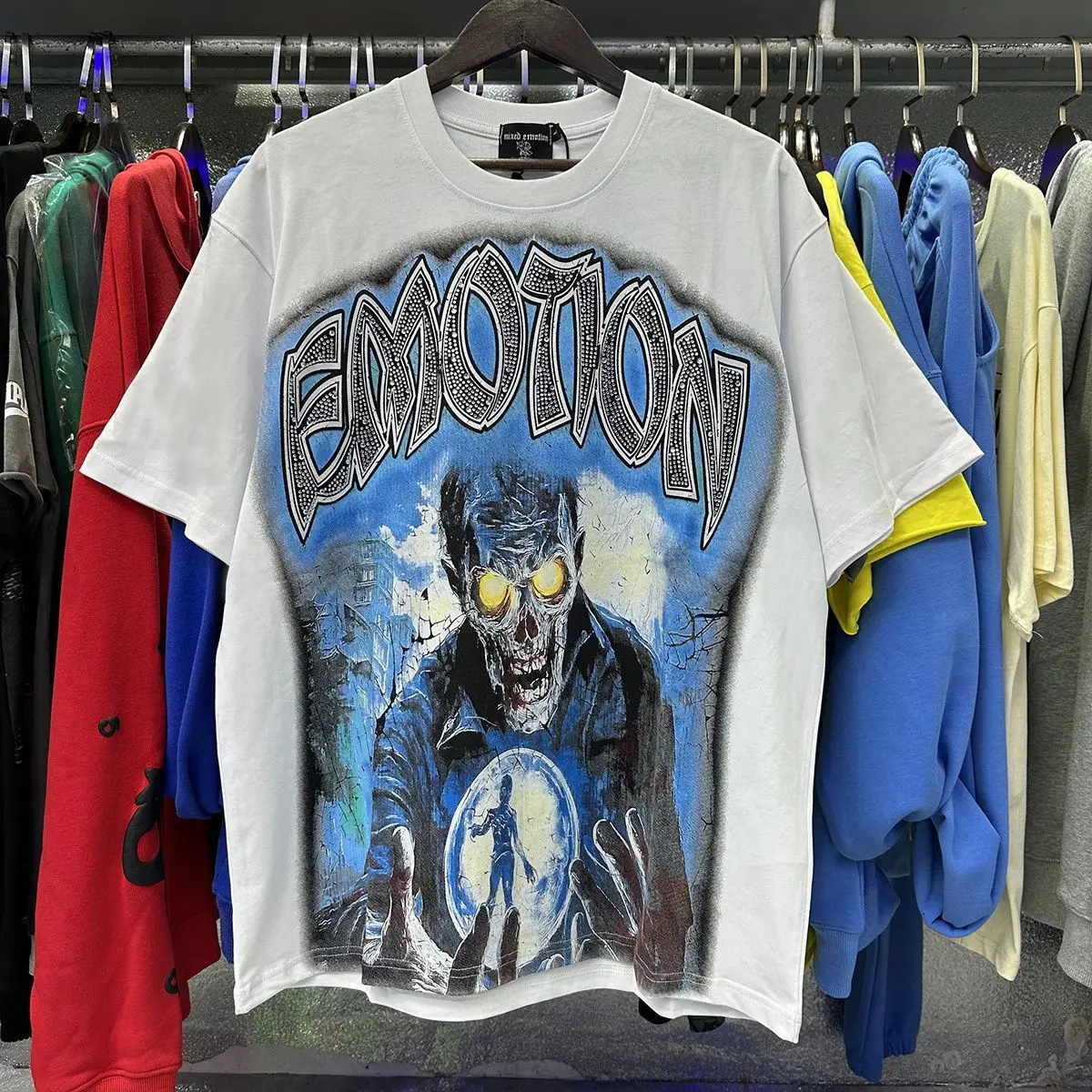 2026 MIXED EMOTION Rhinestone Shirt Streetwear Cotton Loose Round Neck Top Tees Oversized Tee Top Trendy