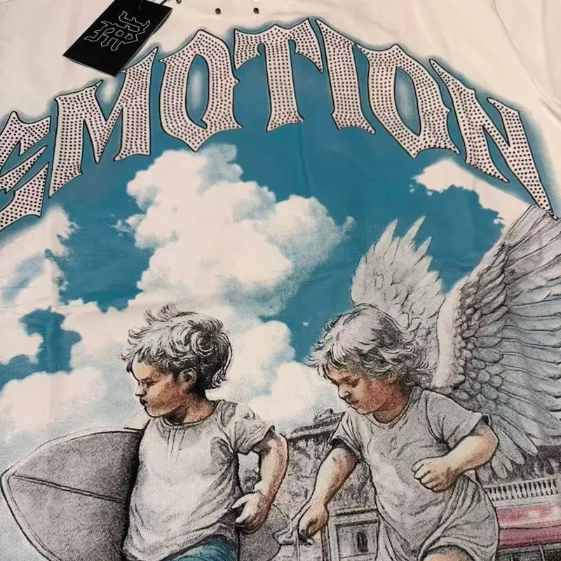 2026 MIXED EMOTION Rhinestone Shirt Streetwear Cotton Loose Round Neck Top Tees Oversized Tee Top Trendy