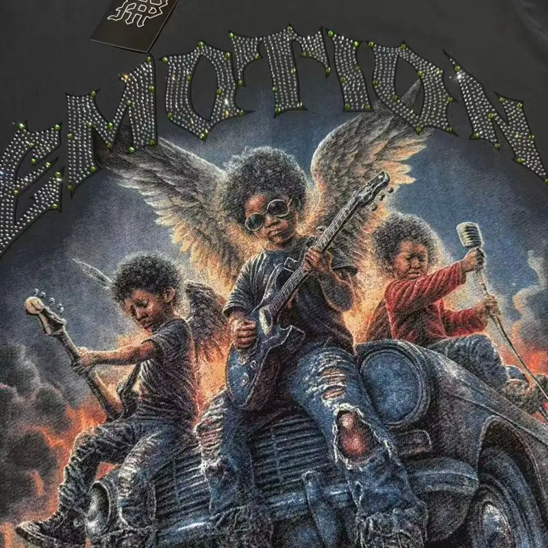 2026 MIXED EMOTION Rhinestone Shirt Streetwear Cotton Loose Round Neck Top Tees Oversized Tee Top Trendy