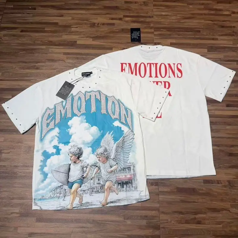 2026 MIXED EMOTION Rhinestone Shirt Streetwear Cotton Loose Round Neck Top Tees Oversized Tee Top Trendy
