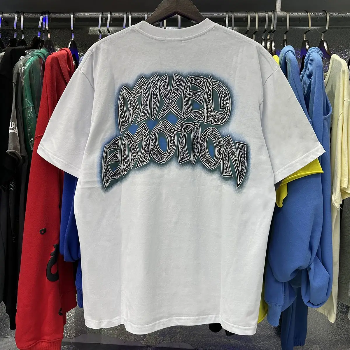 2026 MIXED EMOTION Rhinestone Shirt Streetwear Cotton Loose Round Neck Top Tees Oversized Tee Top Trendy