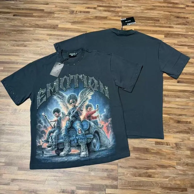 2026 MIXED EMOTION Rhinestone Shirt Streetwear Cotton Loose Round Neck Top Tees Oversized Tee Top Trendy