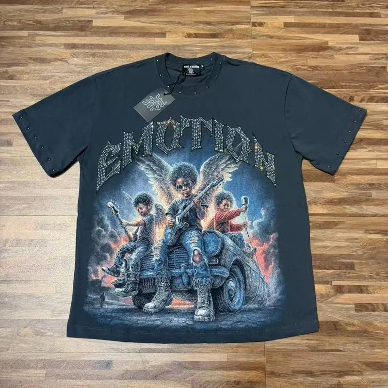 2026 MIXED EMOTION Rhinestone Shirt Streetwear Cotton Loose Round Neck Top Tees Oversized Tee Top Trendy