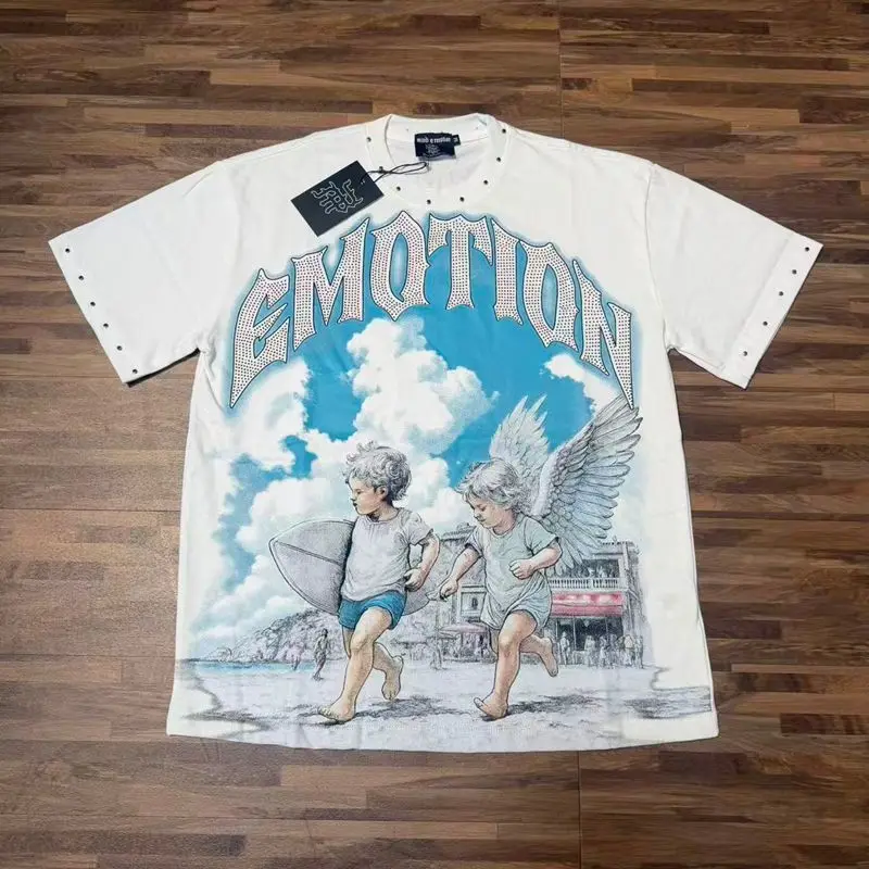 2026 MIXED EMOTION Rhinestone Shirt Streetwear Cotton Loose Round Neck Top Tees Oversized Tee Top Trendy