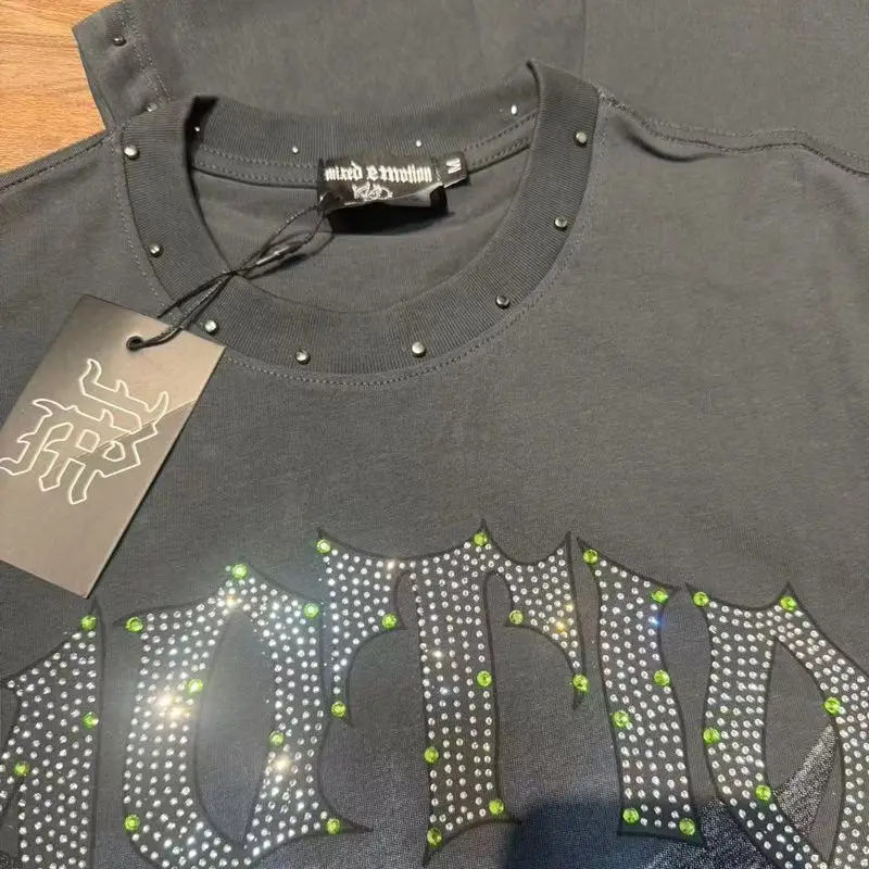 2026 MIXED EMOTION Rhinestone Shirt Streetwear Cotton Loose Round Neck Top Tees Oversized Tee Top Trendy