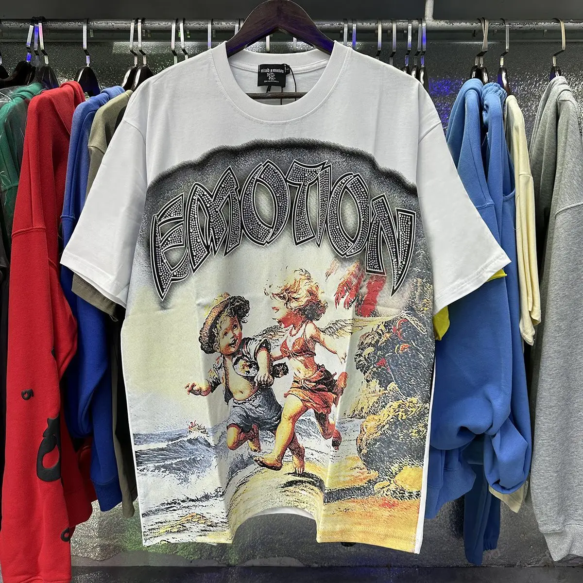 2026 MIXED EMOTION Rhinestone Shirt Streetwear Cotton Loose Round Neck Top Tees Oversized Tee Top Trendy