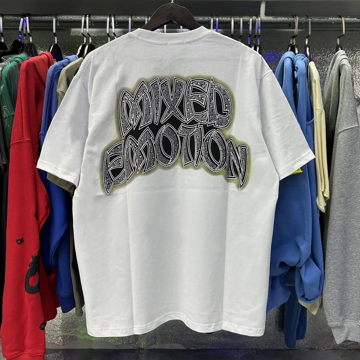 2026 MIXED EMOTION Rhinestone Shirt Streetwear Cotton Loose Round Neck Top Tees Oversized Tee Top Trendy