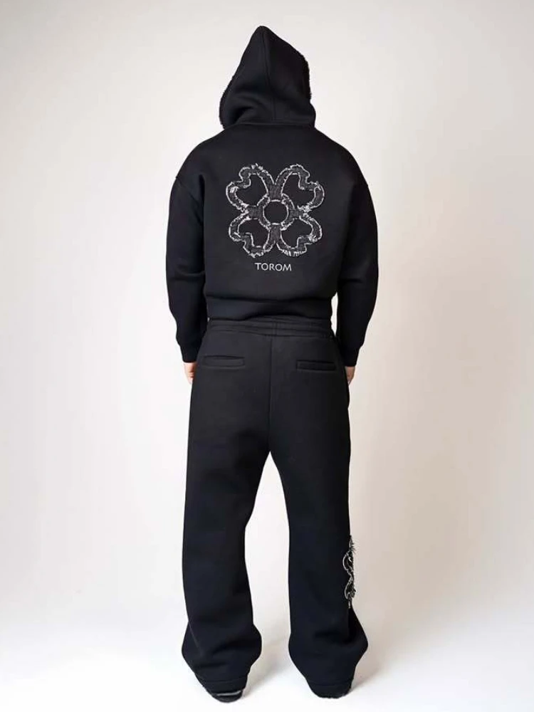 New 2026 Fashion Olive Green Embroidered Zipper Hoodie & Pants Set, Men's Street Style Fashion Loose Casual 2-Piece Sportswear