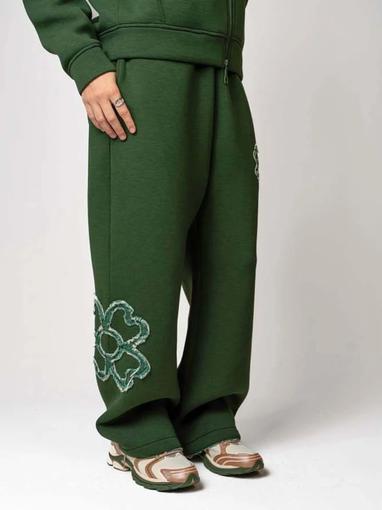 New 2026 Fashion Olive Green Embroidered Zipper Hoodie & Pants Set, Men's Street Style Fashion Loose Casual 2-Piece Sportswear