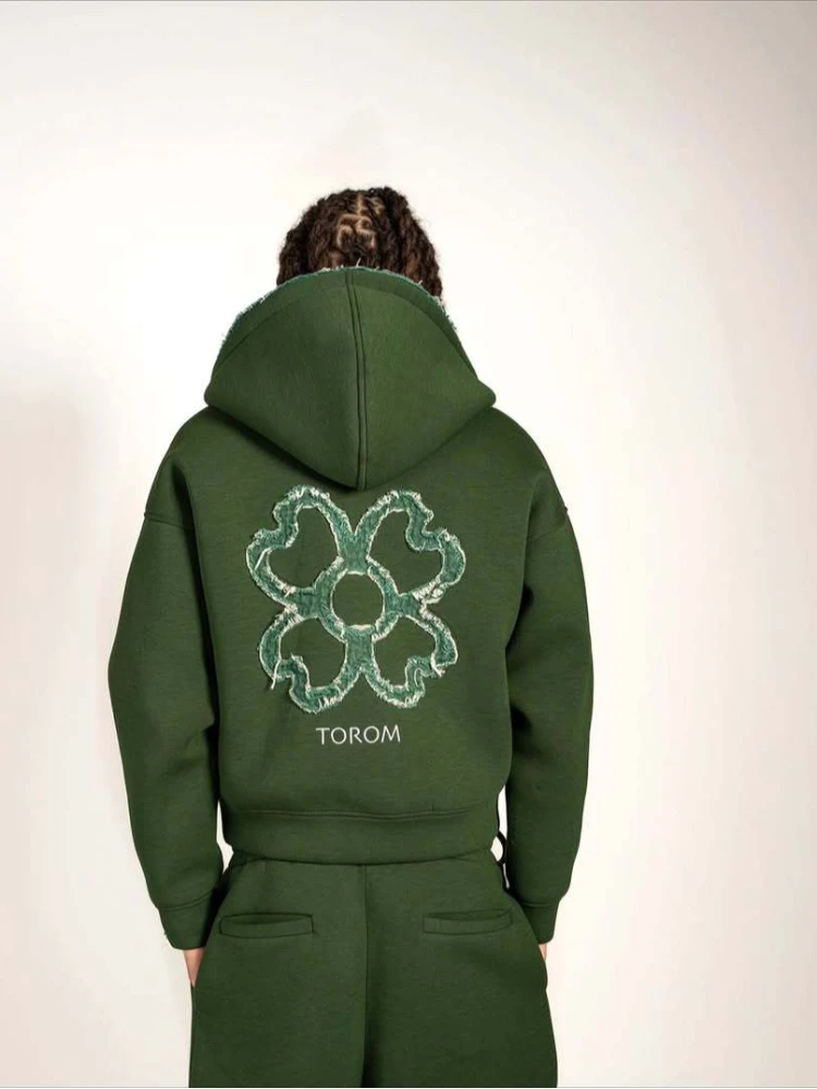 New 2026 Fashion Olive Green Embroidered Zipper Hoodie & Pants Set, Men's Street Style Fashion Loose Casual 2-Piece Sportswear