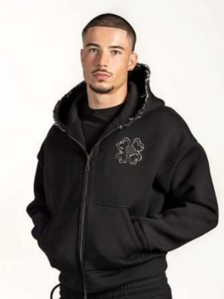 New 2026 Fashion Olive Green Embroidered Zipper Hoodie & Pants Set, Men's Street Style Fashion Loose Casual 2-Piece Sportswear