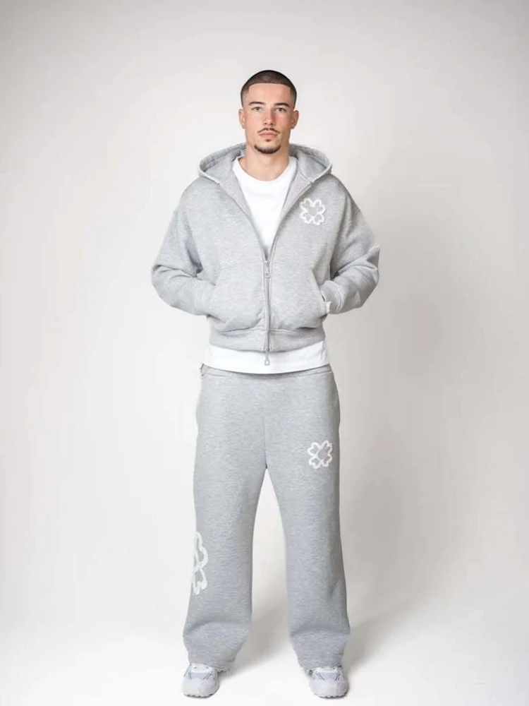 New 2026 Fashion Olive Green Embroidered Zipper Hoodie & Pants Set, Men's Street Style Fashion Loose Casual 2-Piece Sportswear