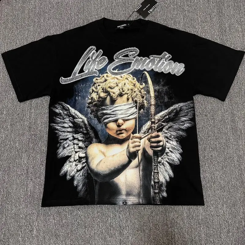 2026 MIXED EMOTION Rhinestone Short Sleeve Men Women Tshirt Streetwear Cotton Loose Round Neck Top Tees Oversized Tee Top Trendy