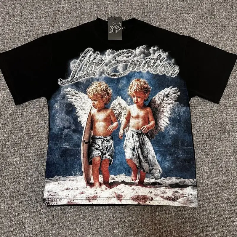 2026 MIXED EMOTION Rhinestone Short Sleeve Men Women Tshirt Streetwear Cotton Loose Round Neck Top Tees Oversized Tee Top Trendy