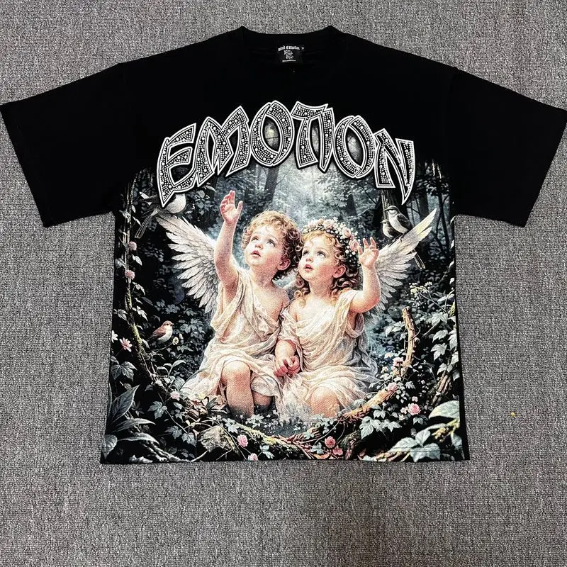 2026 MIXED EMOTION Rhinestone Short Sleeve Men Women Tshirt Streetwear Cotton Loose Round Neck Top Tees Oversized Tee Top Trendy