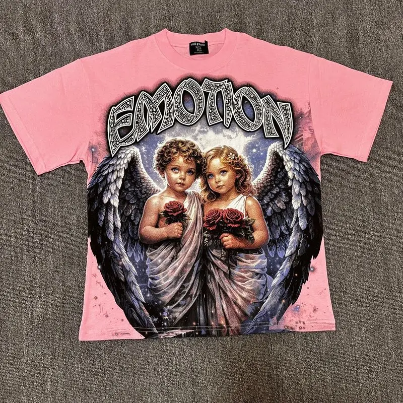 2026 MIXED EMOTION Rhinestone Short Sleeve Men Women Tshirt Streetwear Cotton Loose Round Neck Top Tees Oversized Tee Top Trendy